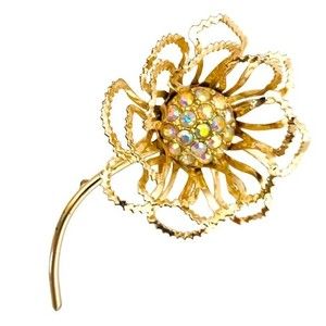 Vintage Sarah Coventry Allusions Gold Tone AB Rhinestones Flower Brooch 1968